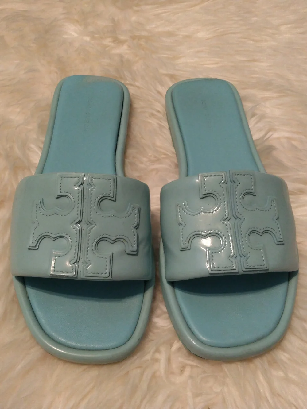 Tory Burch Women’s Blue Double T Sport Slide Sandals Leather Slip-On US 7.5